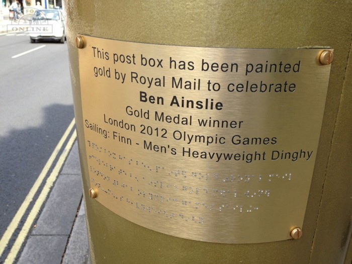 Ben Ainslie's gold letterbox - now and forever with a shiny new plaque!